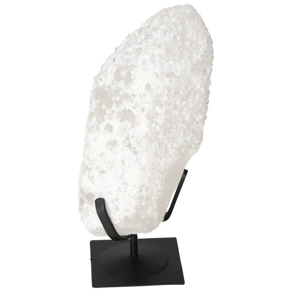 Quartz Crystal Bubble on a black stand, showcasing its sparkling translucent beauty and crafted by Sylvia Crystals for spiritual enhancement.