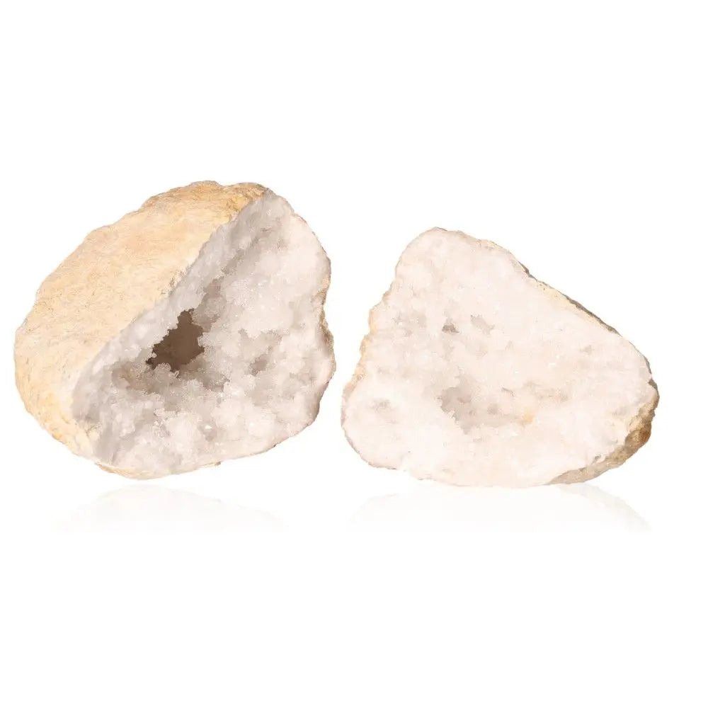 Quartz geode split open to reveal sparkling white crystals, weighing 1200-2000g, offering natural beauty and serenity for any space.