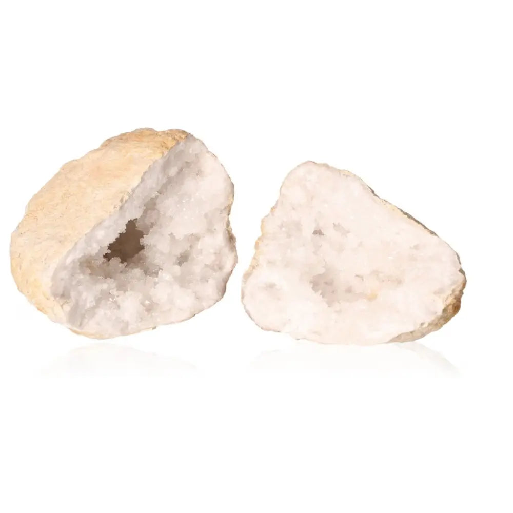 Quartz geode showcasing sparkling cloudy white crystals inside rough exterior.