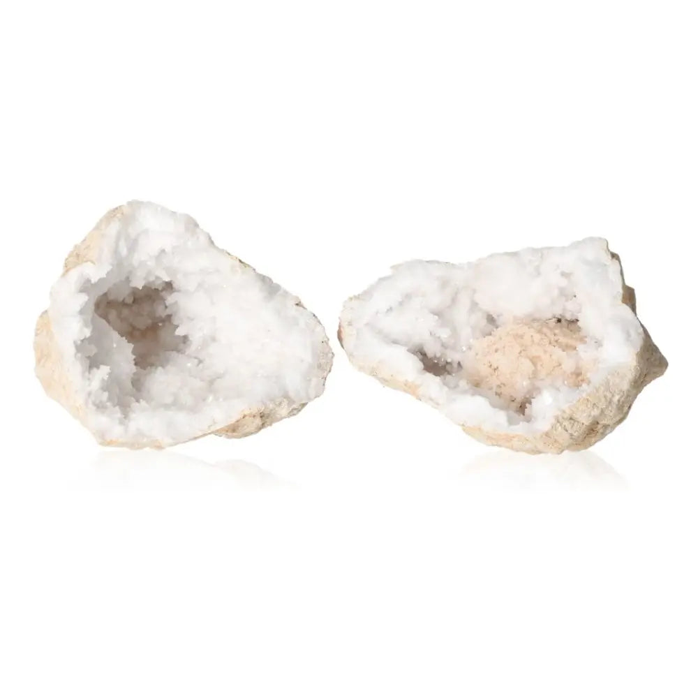 Quartz Geode displaying cloudy white crystals in two halves, weighing between 1200-2000g, showcasing natural beauty and tranquility.