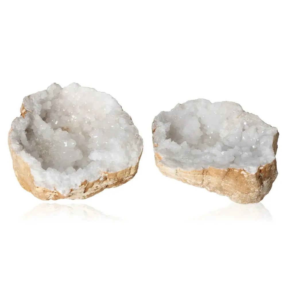 Quartz geode pair with shimmering crystals, perfect for enhancing space ambiance and offering spiritual benefits, weighing 3-5kg.