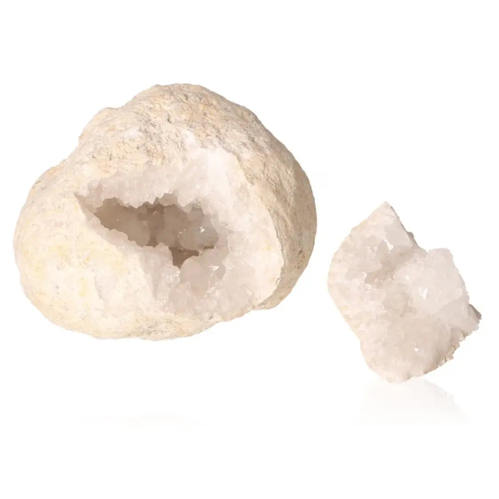 Quartz Geode with milky-white crystals exposed, showcasing its earthy exterior and sparkling interior, weighing between 400-600g.