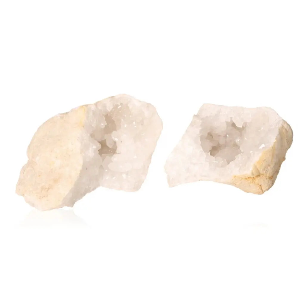 Quartz Geode (400-600g) with sparkling white crystals; enhances purification and energy amplification.