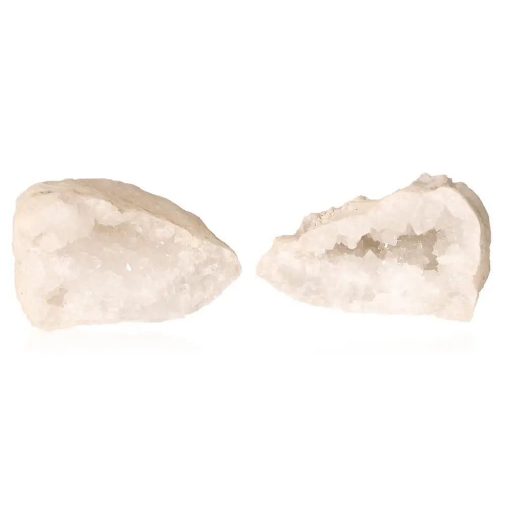 Image of Quartz Geode split open revealing sparkling cloudy white crystals, weighing between 400-600g, known for energy cleansing.