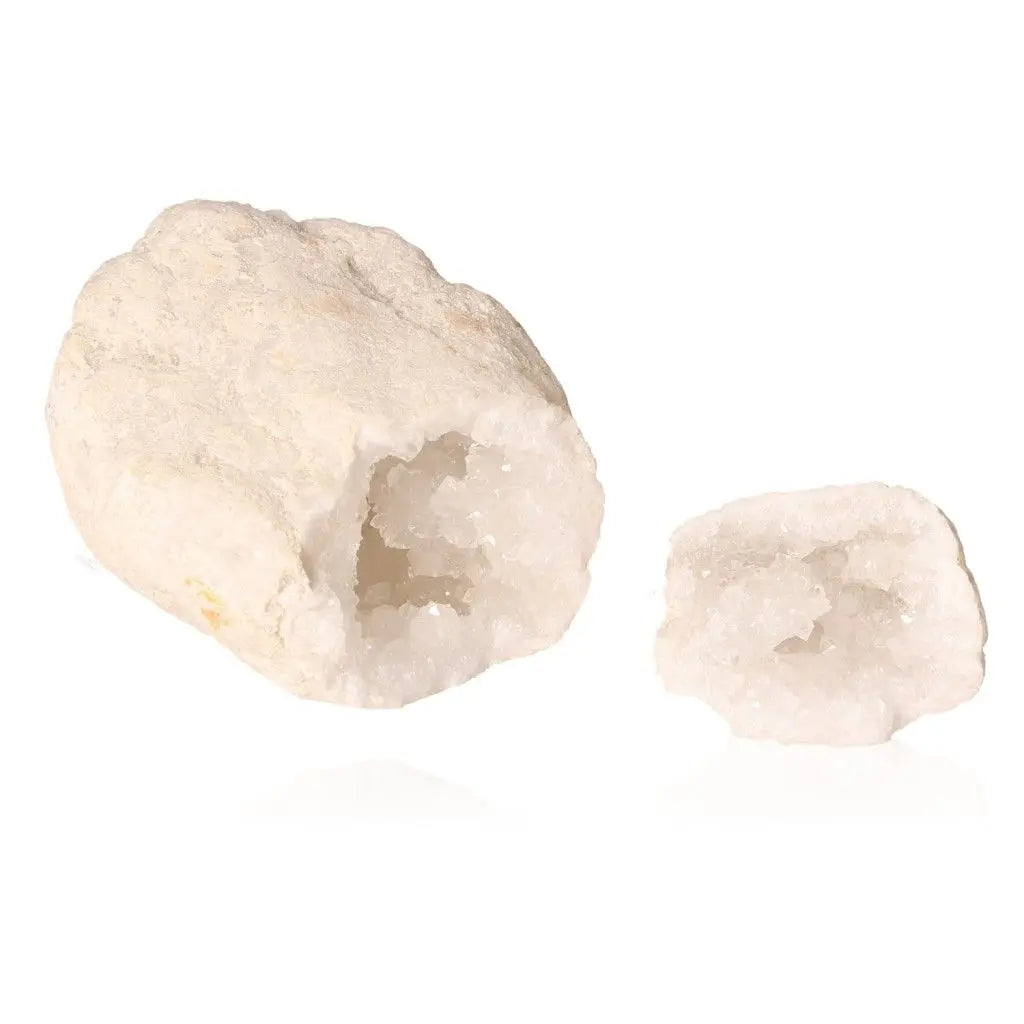Quartz geode with milky white crystals, approximate weight 400-600g, showcasing rugged exterior and sparkling interior.