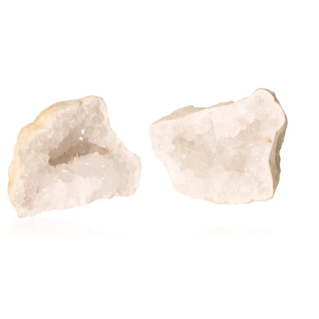 Two pieces of quartz geode showcasing sparkling white crystals, perfect for energy purification and home decor.