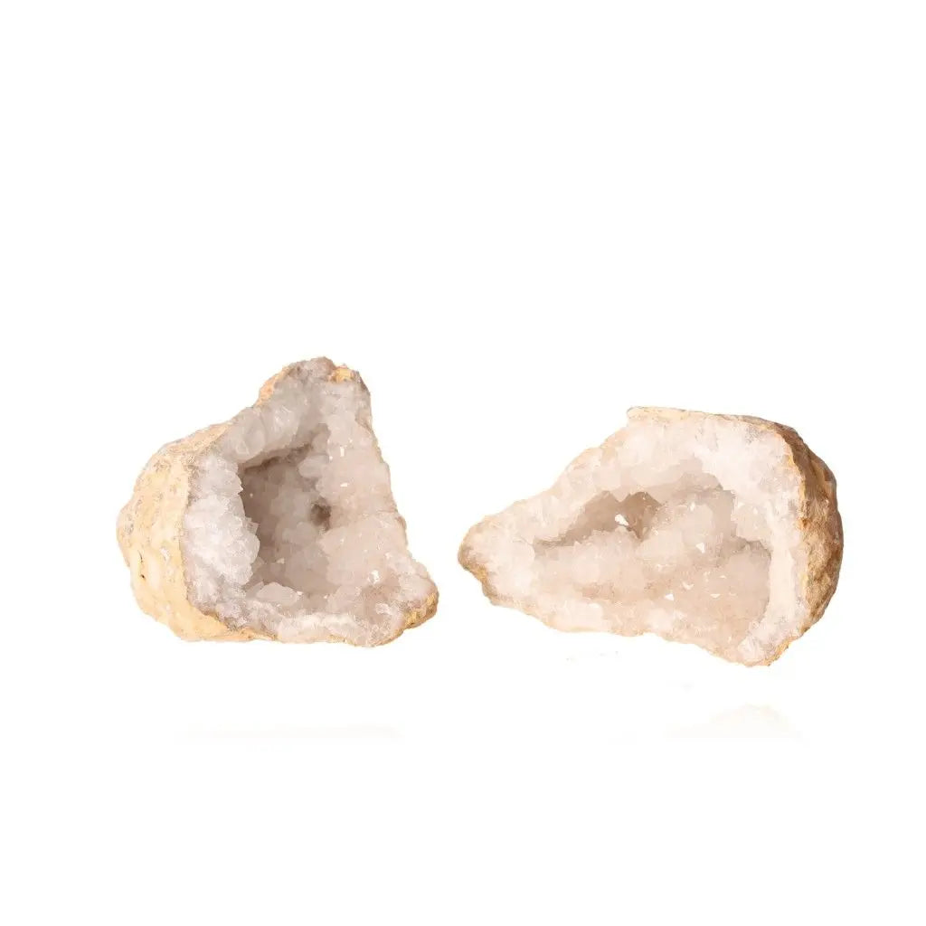 Open Quartz Geode showcasing its textured outer shell and sparkling crystal interior, weighing between 900-1200g.