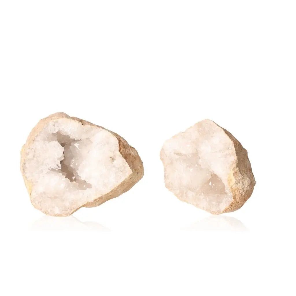 Quartz Geode 900-1200g with cloudy white crystals, showcasing rugged earthy outer shell and sparkling interior for home decor or energy balance.