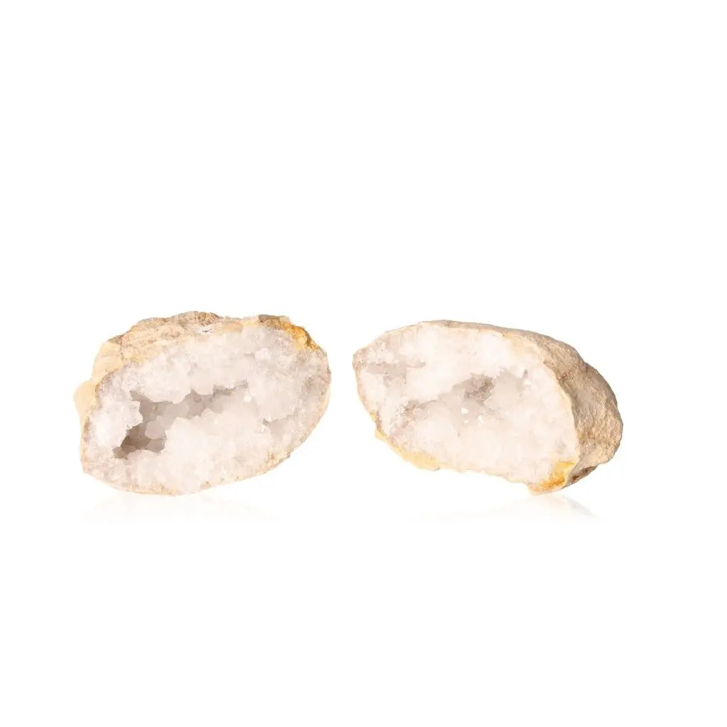 Quartz Geode (900-1200g) with sparkling cloudy white crystals inside exposed, showcasing its rugged outer shell and ethereal elegance.