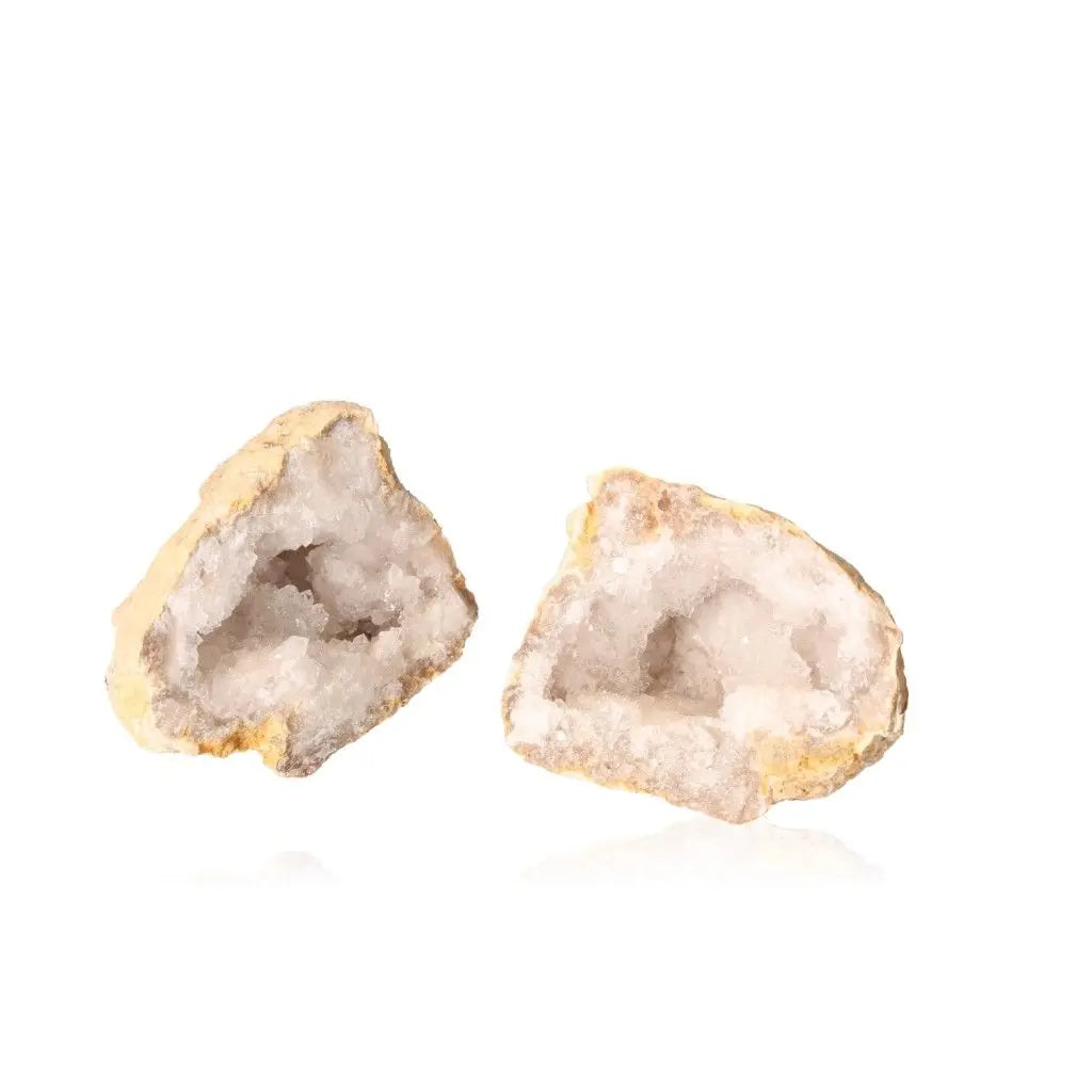 Quartz Geode split open revealing sparkling cloudy white crystals, weighing 900-1200g, showcasing natural beauty and mystical allure.