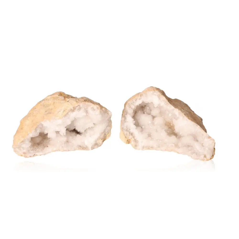 Quartz geode with sparkling white crystals and rustic outer shell, weighing 900-1200g, known for purifying and amplifying energy.
