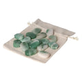 Quartz Green Bi-Color Antistress Thumb Massager stones on a fabric pouch, by Sylvia Crystals, for relaxation and tranquility.