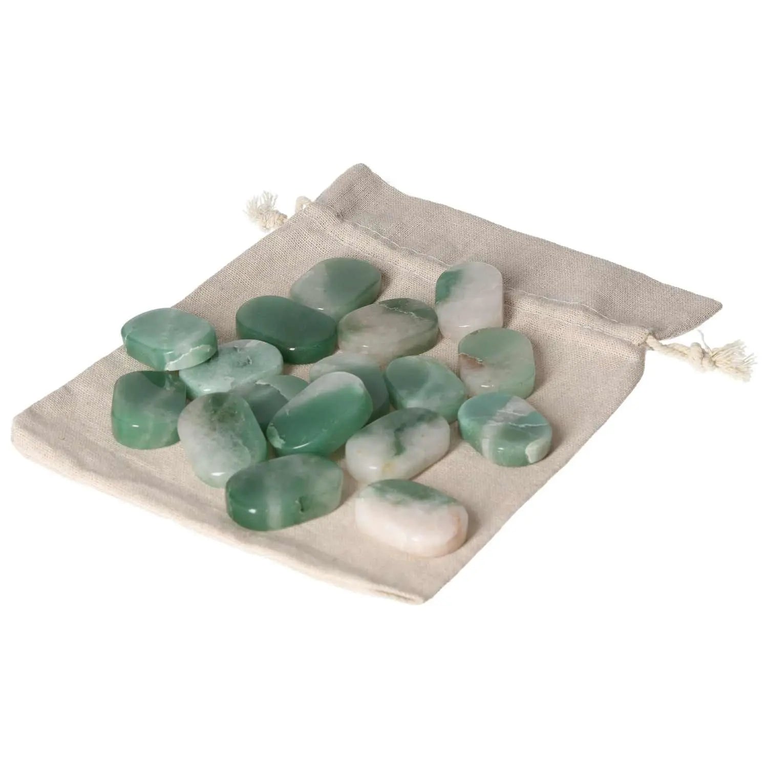 Quartz Green Bi-Color Antistress Thumb Massager stones on a beige drawstring pouch, luxury product by Sylvia Crystals for relaxation.