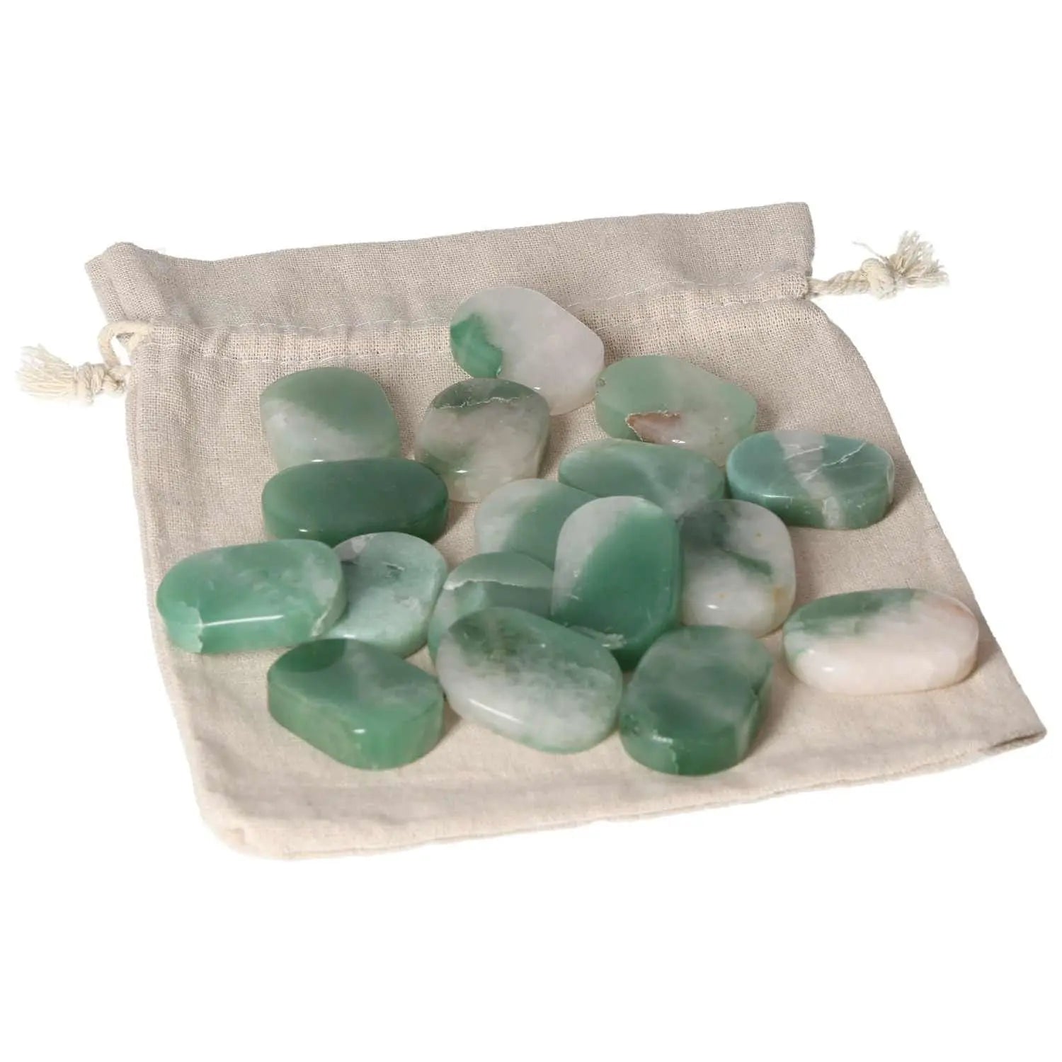 Quartz Green Bi-Color Antistress Thumb Massager stones on beige pouch by Sylvia Crystals for relaxation and tranquility.