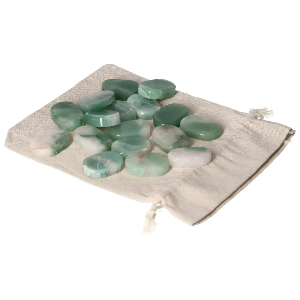 Quartz Green Bi-Color Antistress Thumb Massager stones on a beige fabric pouch, perfect for relaxation and luxury well-being.