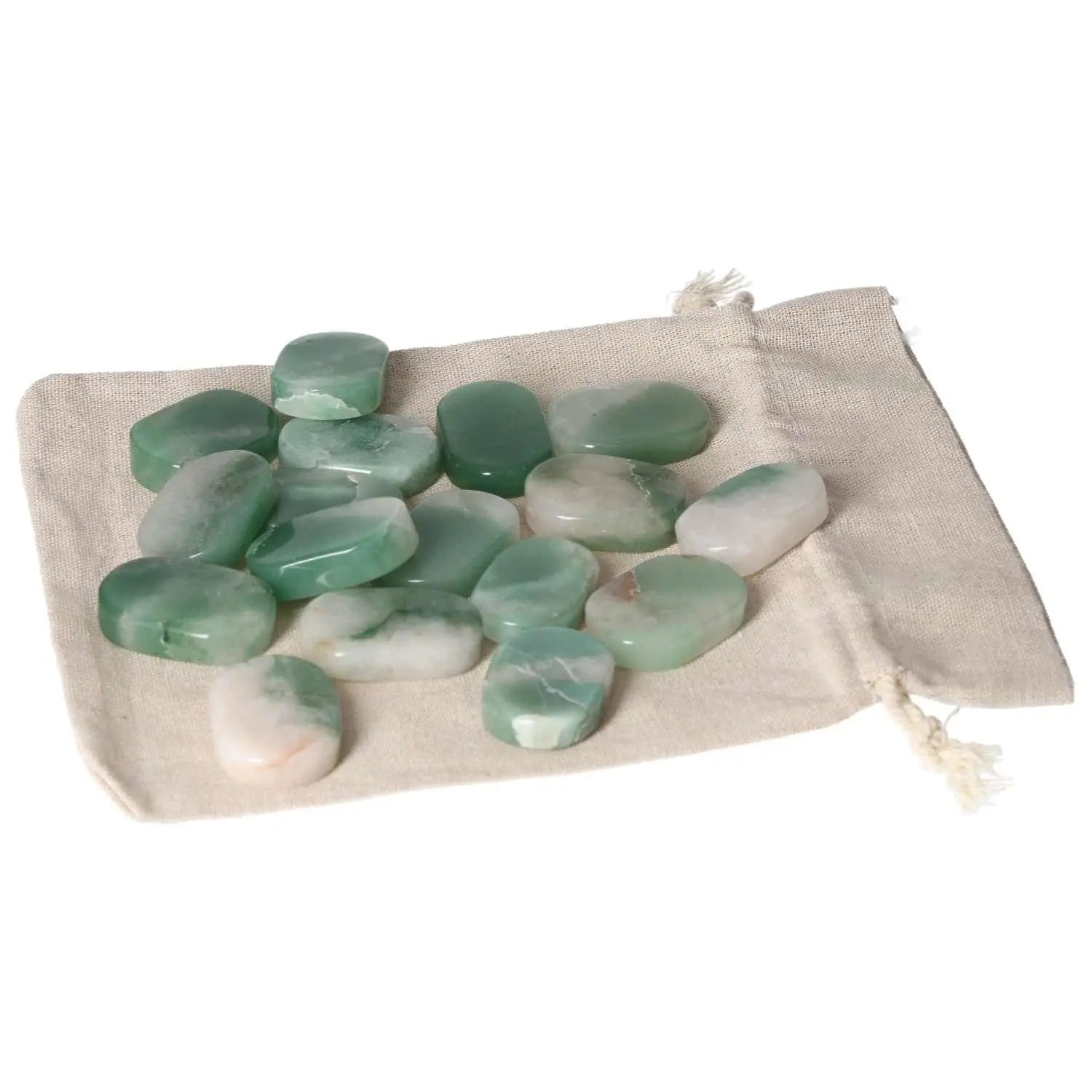 Quartz Green Bi-Color Antistress Thumb Massagers from Sylvia Crystals on a beige cloth, ideal for relaxation and tranquility.