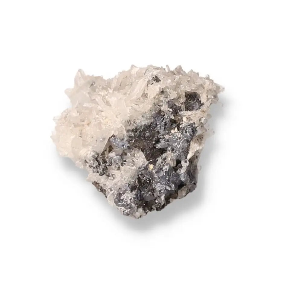 Raw quartz gemstone showcasing a mix of clear and dark crystalline structures, highlighting its natural allure and energy properties.