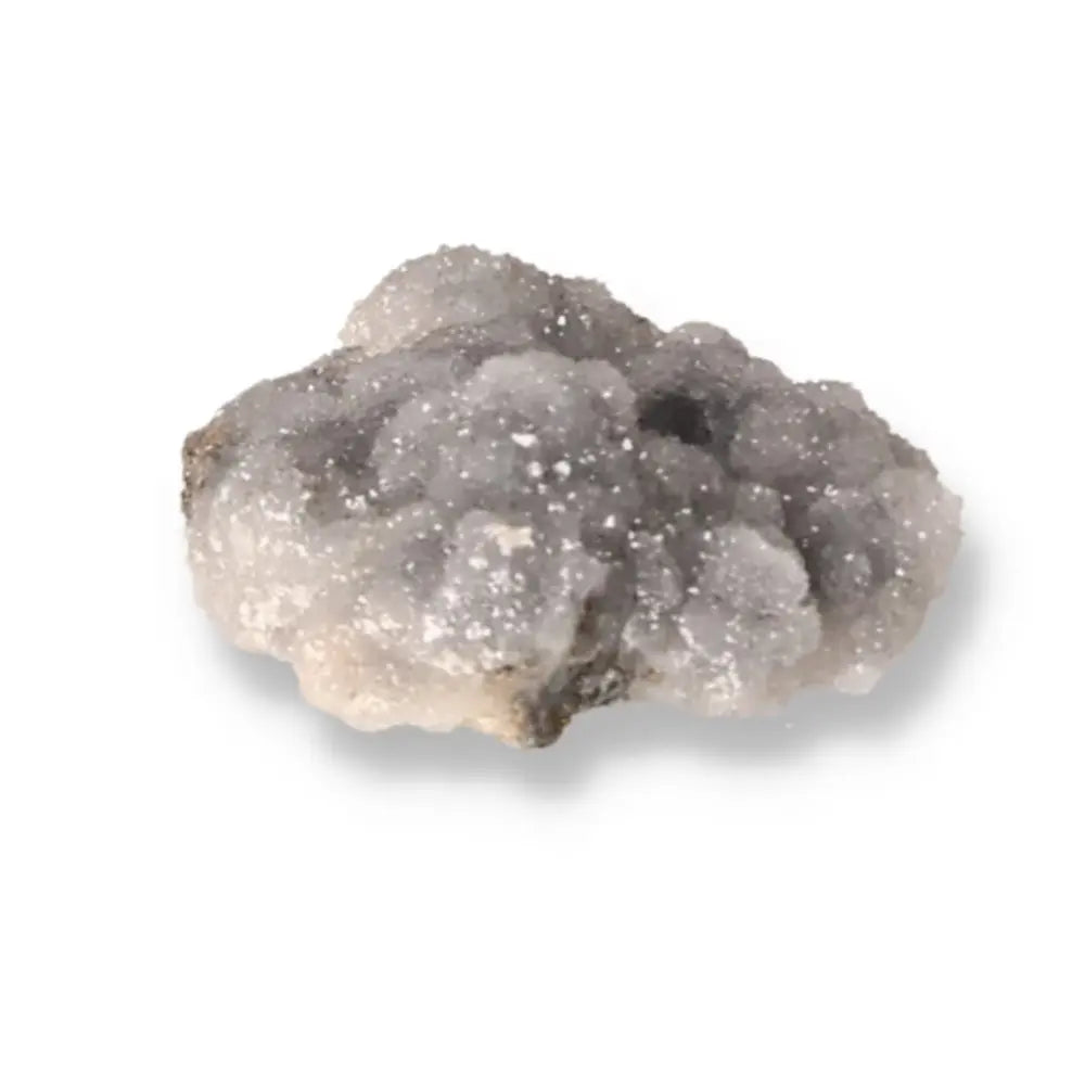 Grey quartz gemstone with sparkling crystal formations on a white background.
