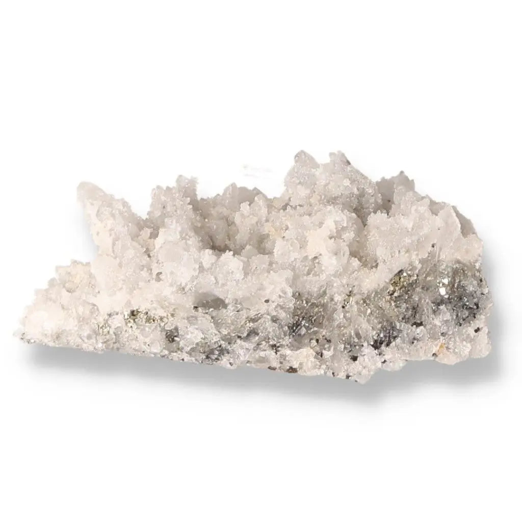 Natural white quartz cluster showcasing intricate crystal formations with shimmering highlights, symbolizing nature's enchanting artistry.