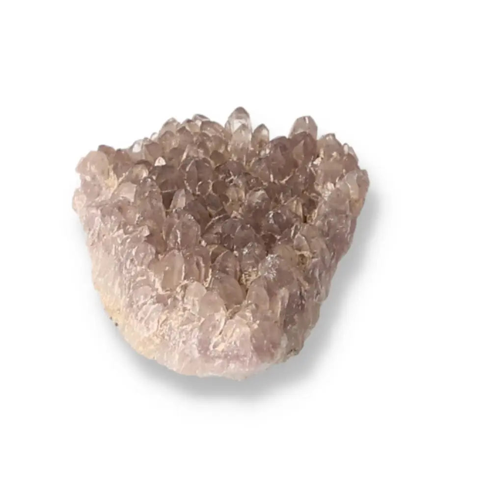 Amethyst Quartz cluster with pointed crystals, embodying spiritual healing and chakra alignment, against a white background.