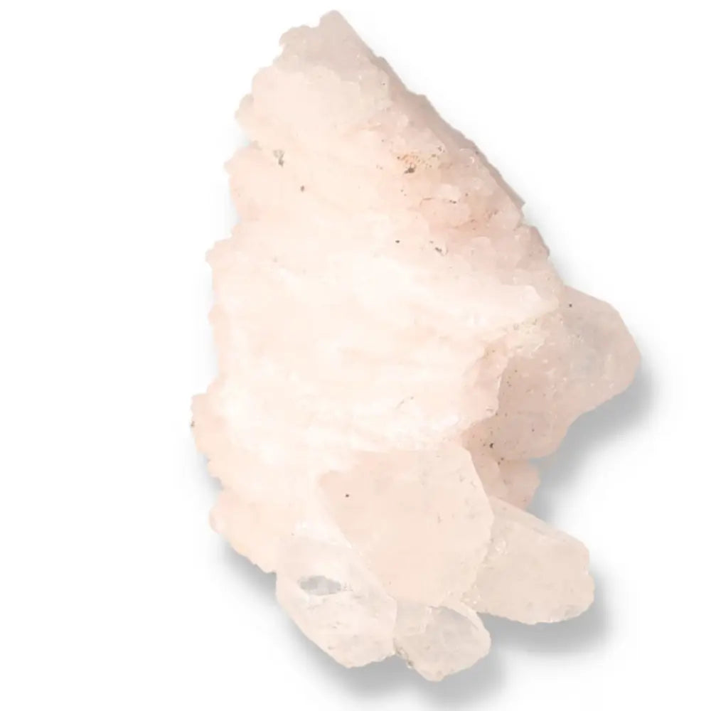 Raw pink quartz stone showcasing its natural beauty and spiritual properties against a white background.
