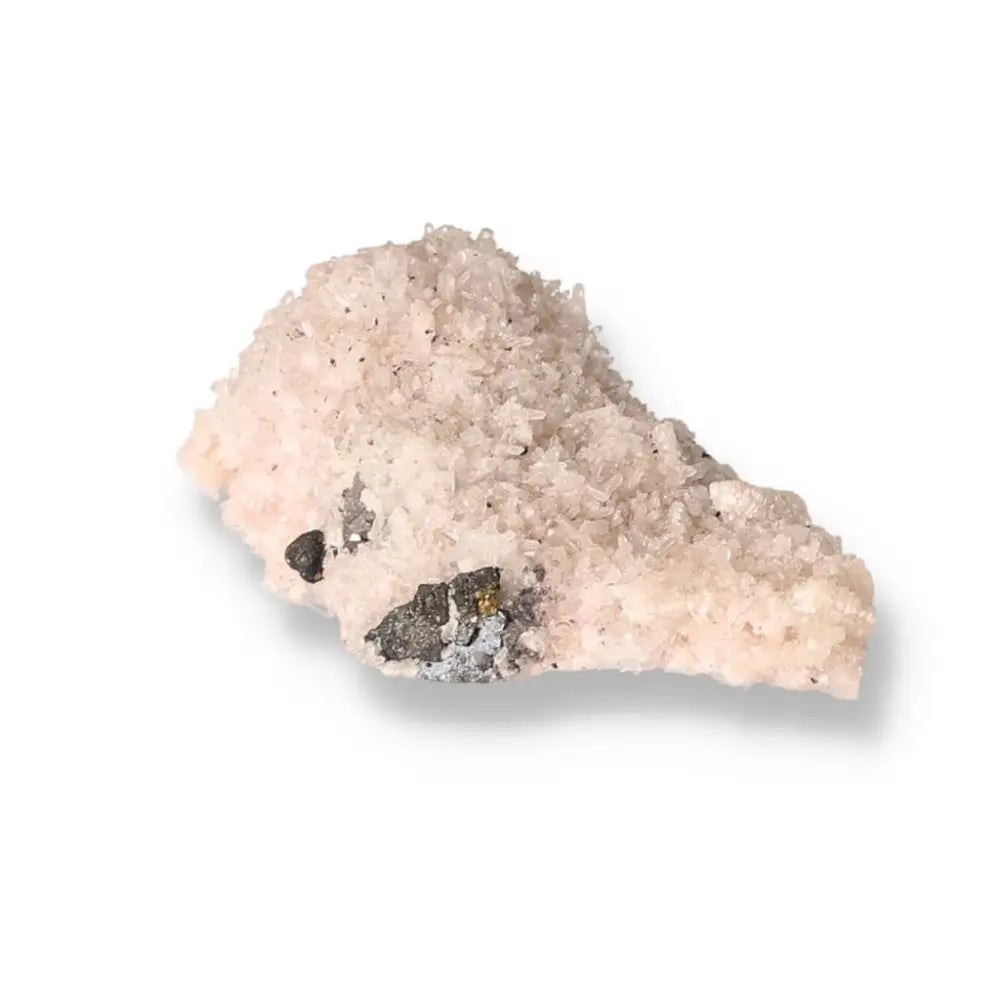 Pink quartz stone with black mineral inclusions on a white background