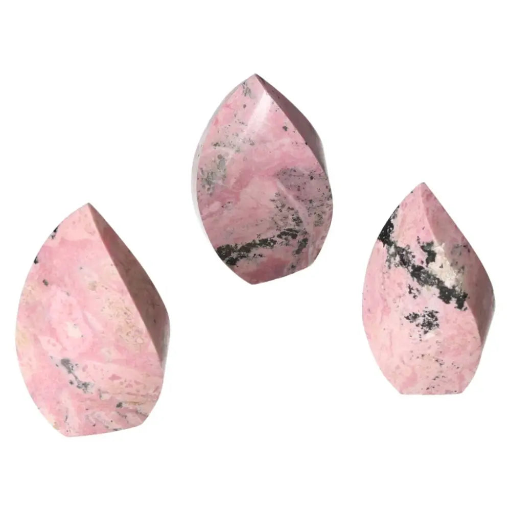 Rhodonite Flame L crystals with vibrant pink hues and unique patterns offering healing benefits for body, mind, and spirit.