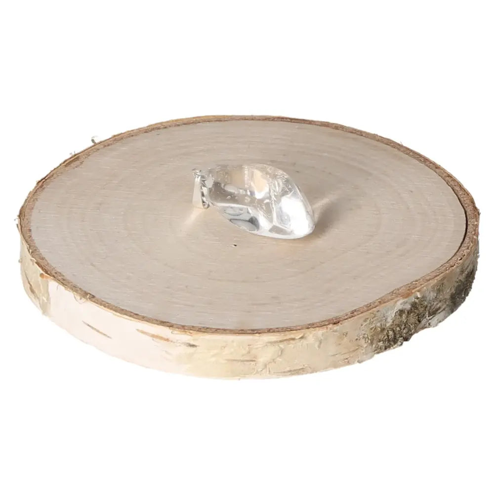 Rock Crystal Tumbled Pendant on wooden display, showcasing its clarity and elegance, ideal for spiritual enhancement and personal style.