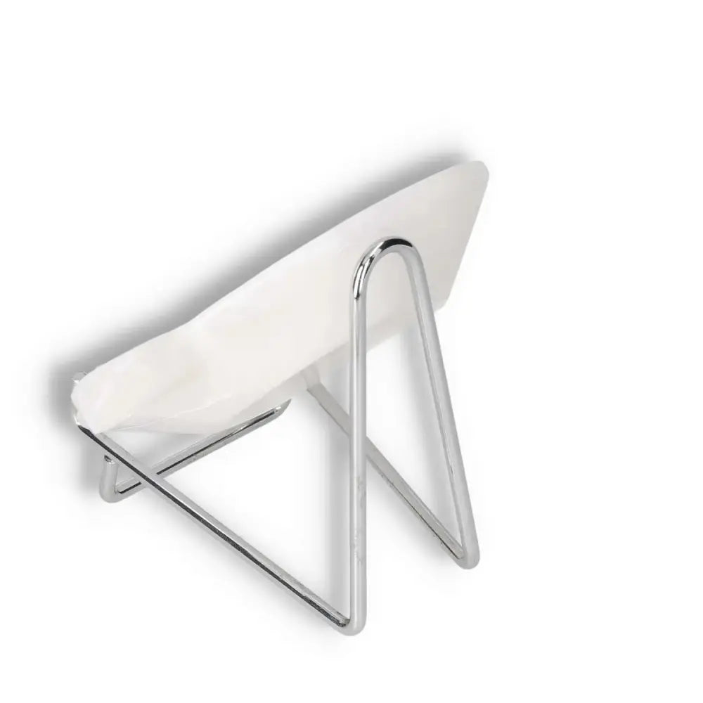 Silver metal display stand holding a simple white flat object, angled view on a white background.