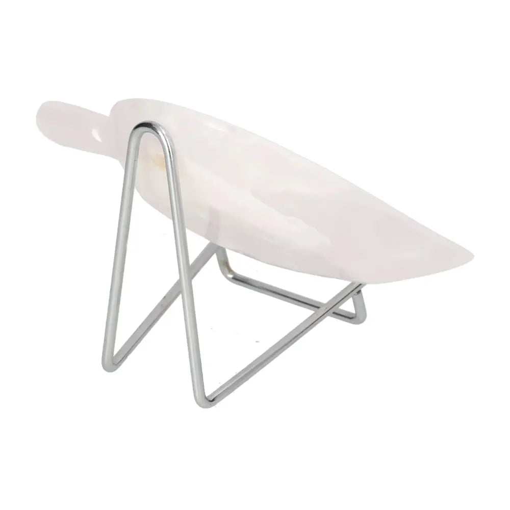 Elegant rose onyx platter with unique veining and a polished finish, displayed on a modern metal stand.