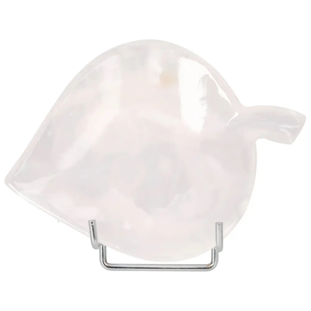 Elegant rose onyx platter with unique veining and soft hues, perfect for serving or decor. Smooth polished finish on display stand.