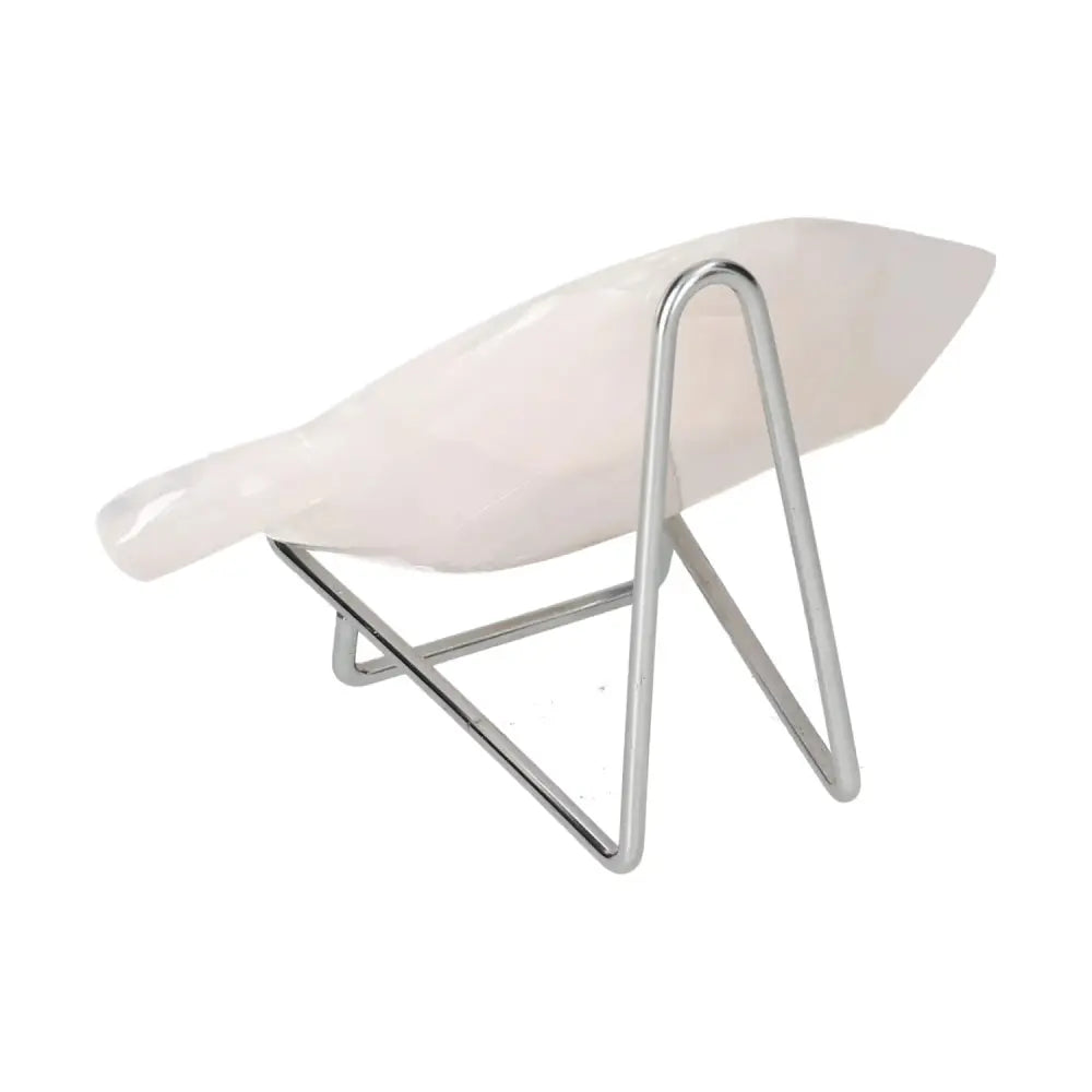 Side view of a rose onyx platter on a metal stand, showcasing its polished surface and unique veining, perfect for elegant table settings.