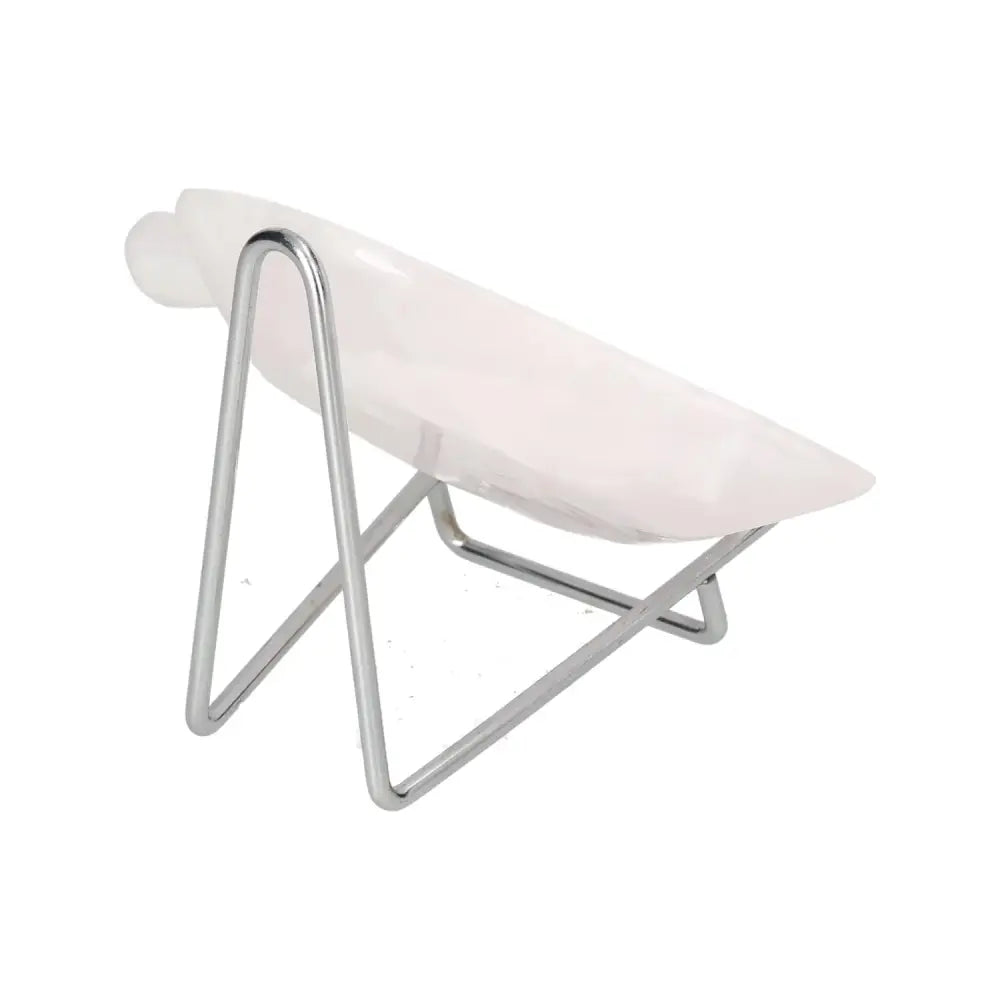 Sleek modern platter on metal stand with minimalist design, angled side view.