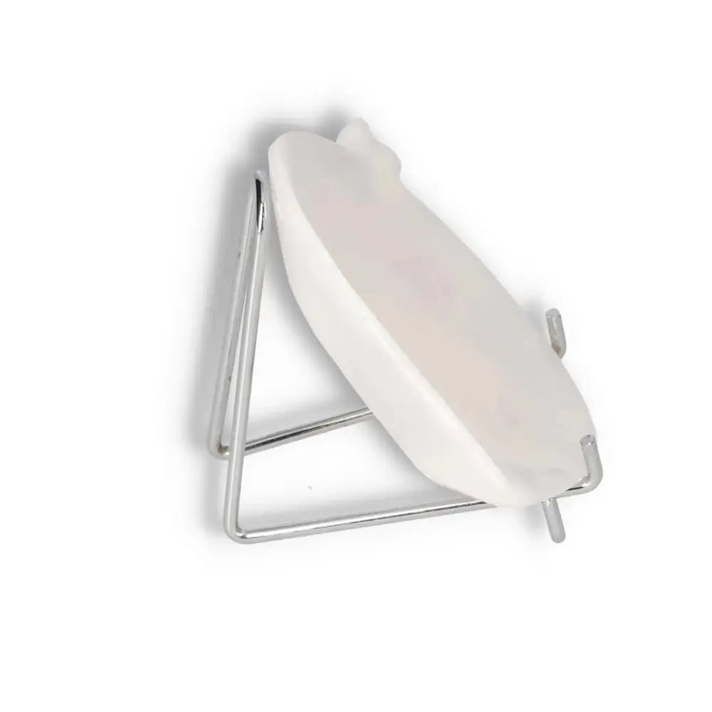 Side view of a rose onyx small platter on a sleek metal stand, showcasing its elegant curved design and smooth, polished surface.