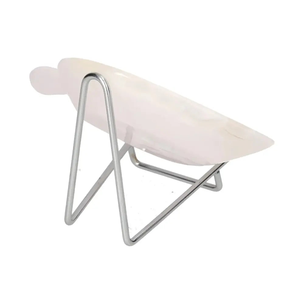 Rose Onyx Platter on modern metal stand, enhances self-control and determination, ideal for elegant home decor.