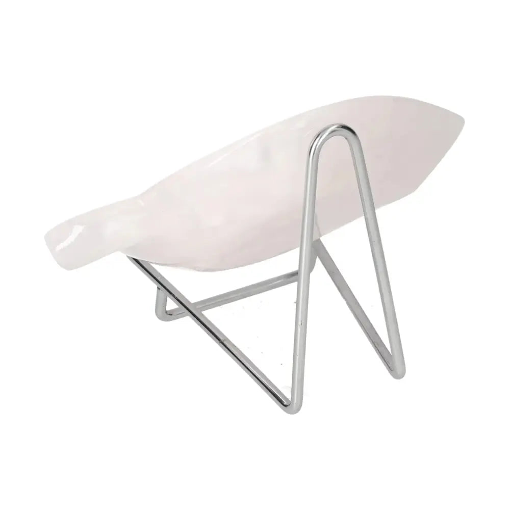 Sleek metal stand displaying a modern white platter, perfect for elegant presentations.