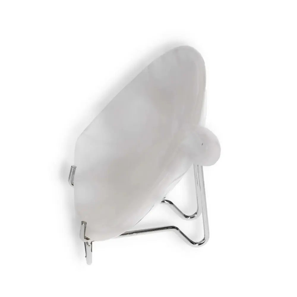 Side view of a rose onyx platter on a metal stand, highlighting its elegant veining and smooth, polished surface.