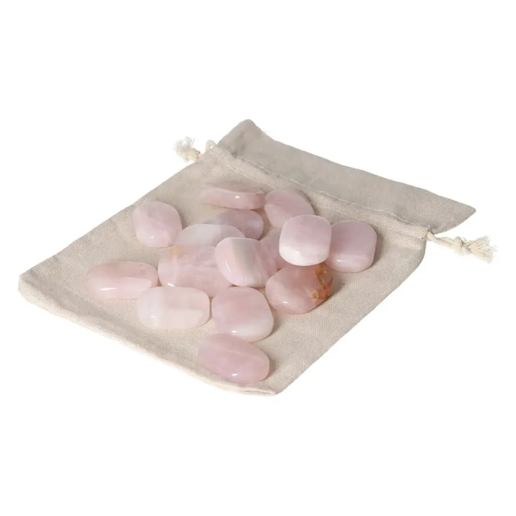Rose Quartz stones on cloth bag, ideal for stress relief and emotional healing, by Sylvia Crystals