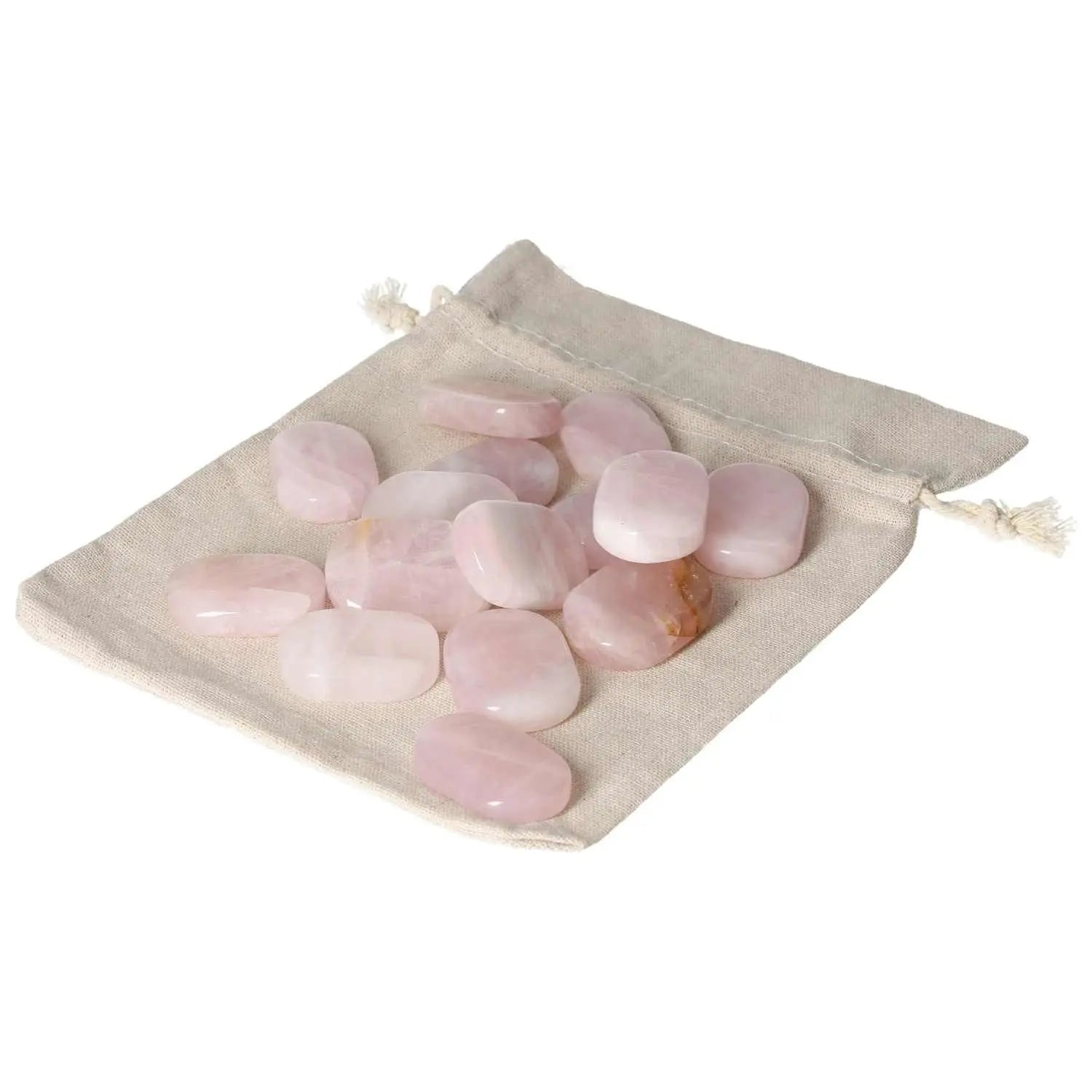 Rose Quartz Antistress Thumb Massager stones on a cloth pouch, promoting emotional and spiritual well-being from Sylvia Crystals.