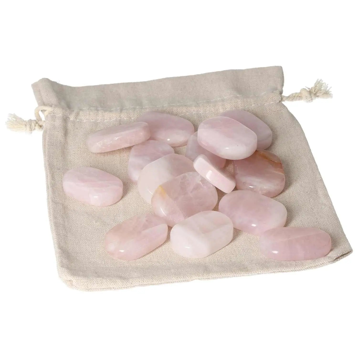 Rose Quartz antistress thumb massager stones with a beige drawstring pouch, ideal for emotional and spiritual well-being enhancement.