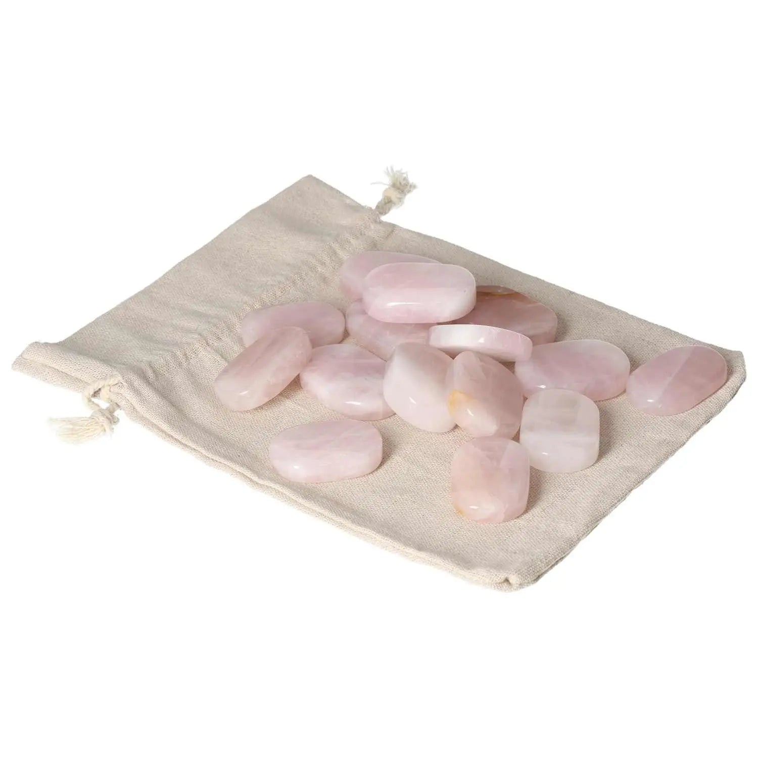 Rose Quartz Antistress Thumb Massagers on beige fabric bag, promoting emotional healing and relaxation.