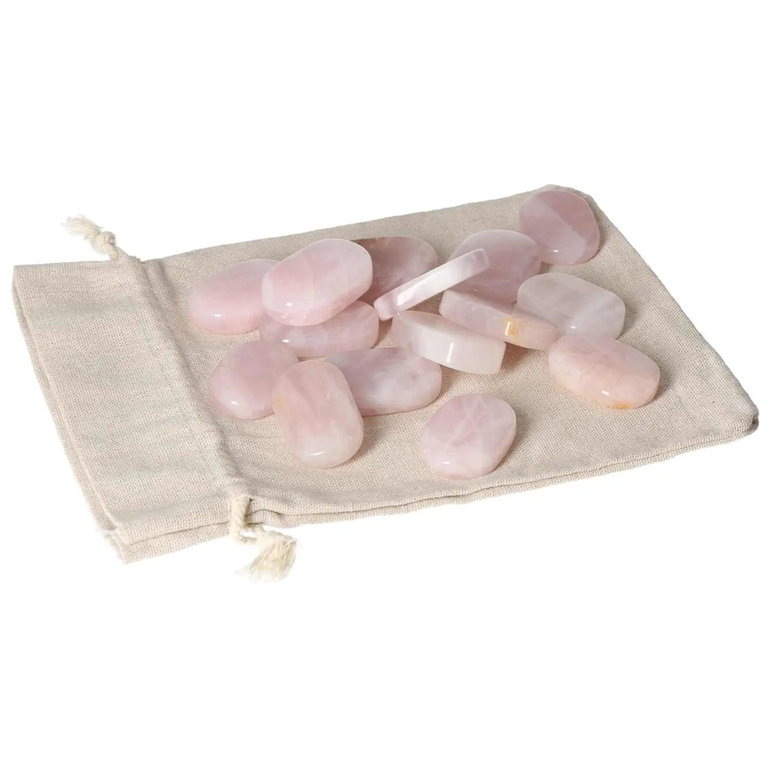 Rose Quartz Thumb Massagers on beige cloth bag, promoting relaxation and emotional healing.