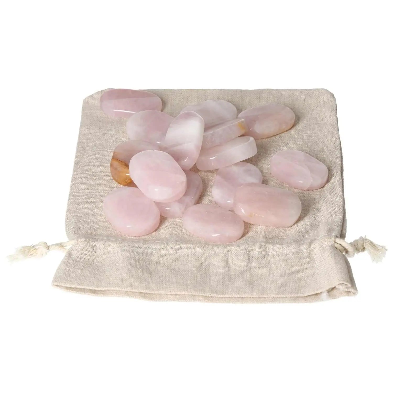 Rose Quartz Antistress Thumb Massager stones on a beige pouch, promoting emotional healing and well-being.