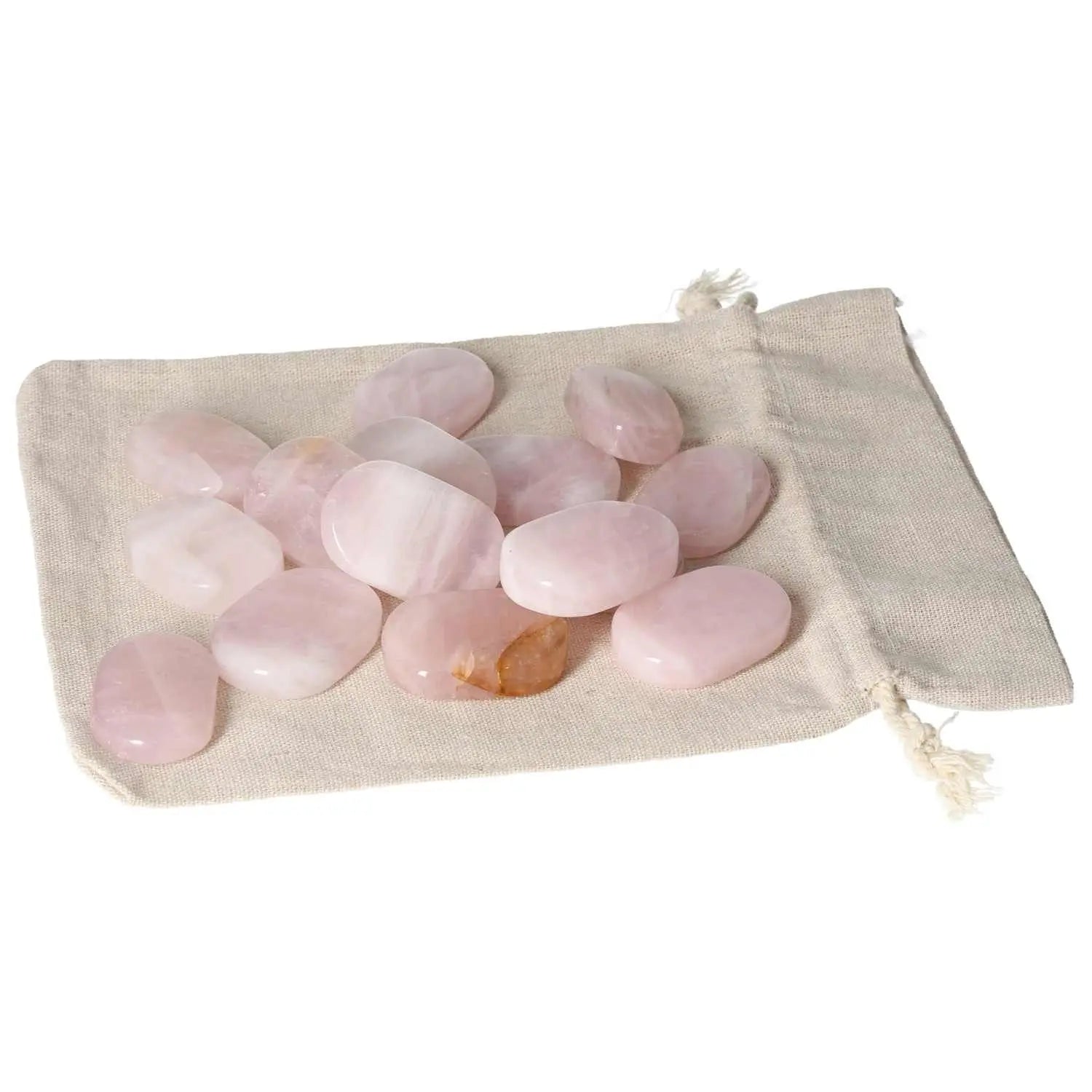 Rose Quartz Antistress Thumb Massagers in canvas bag by Sylvia Crystals for emotional healing and spiritual well-being.