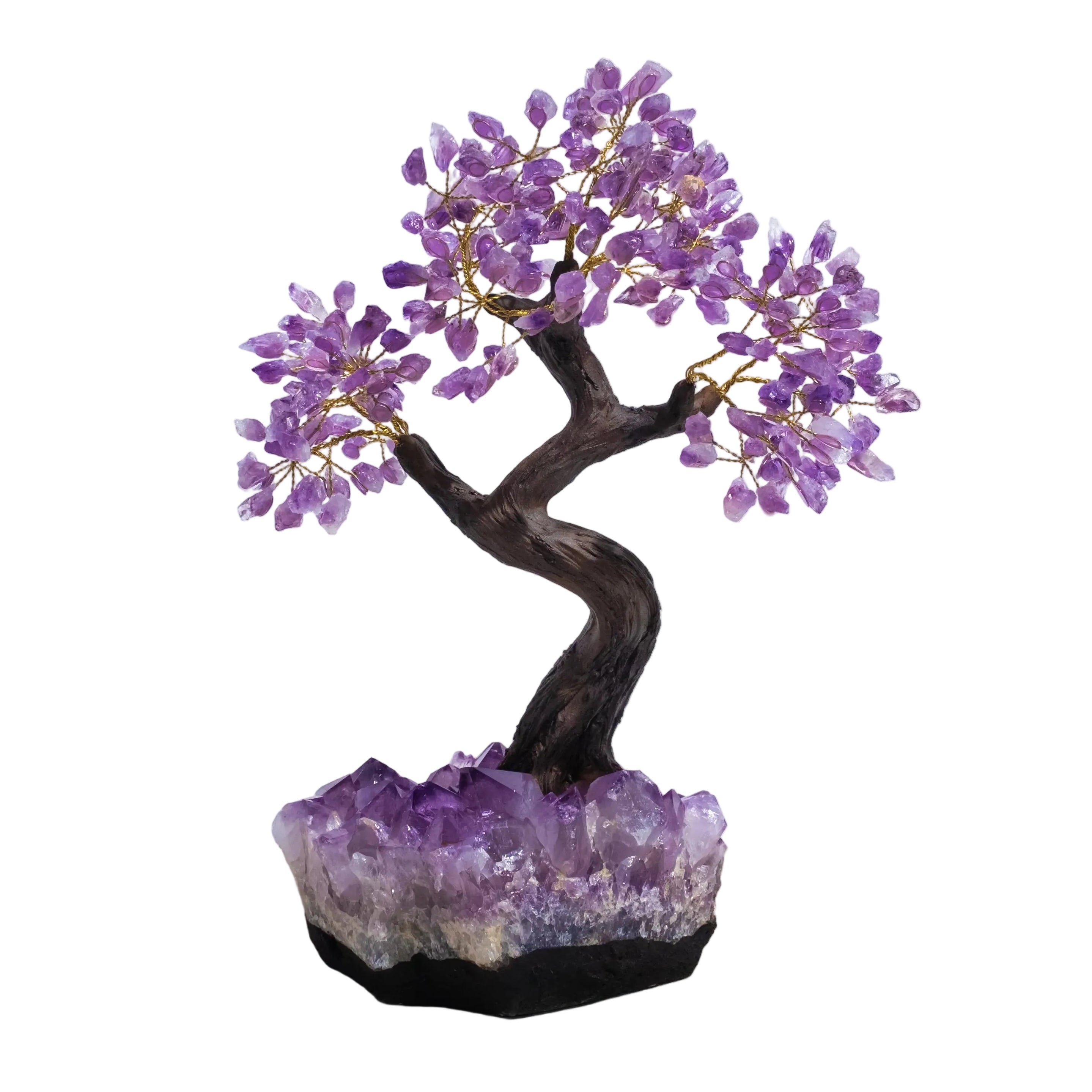 Rough amethyst crystal bonsai tree on stone base, promoting calming energy and spiritual harmony with purple gemstone leaves.