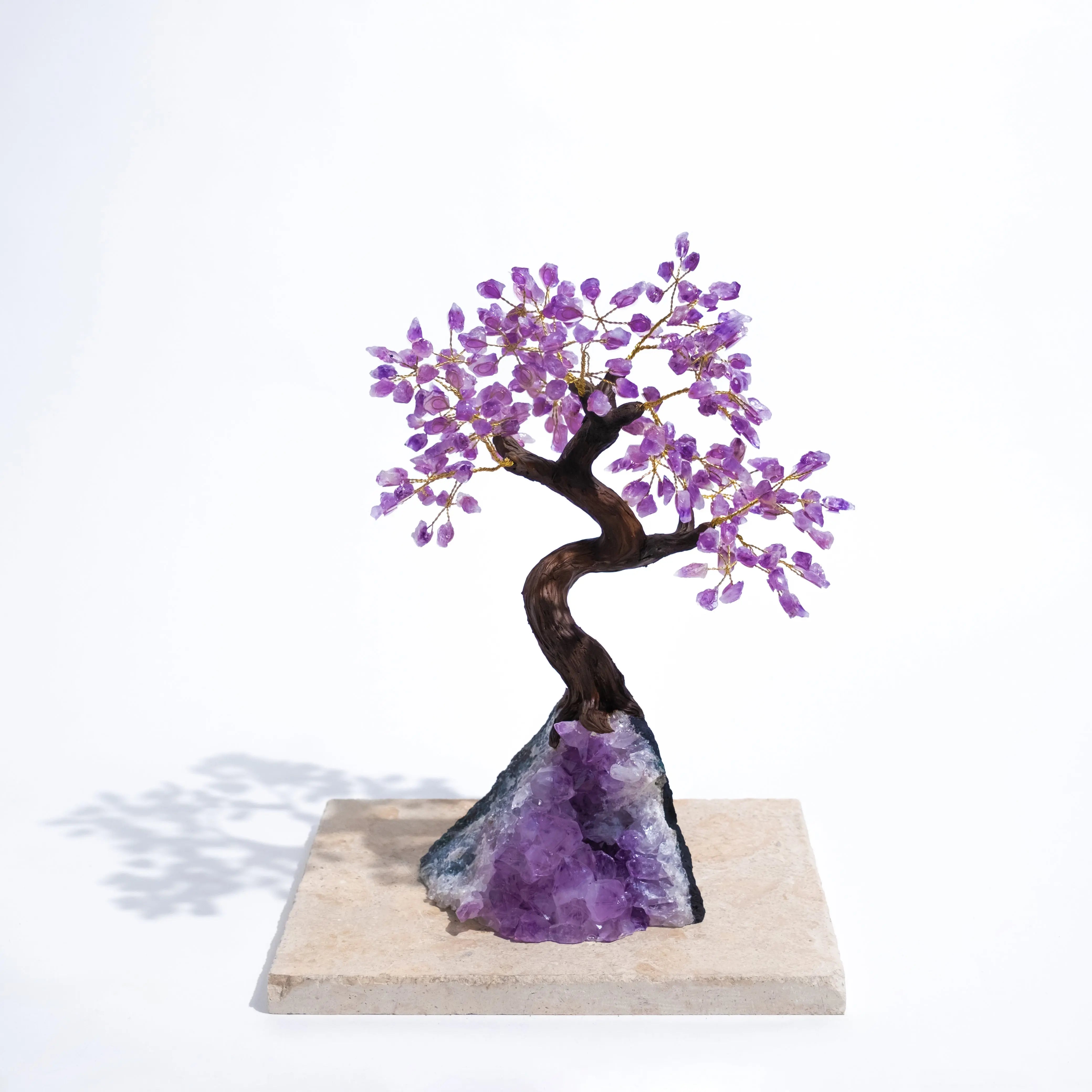 Amethyst Crystal Bonsai Tree 45 cm with purple gemstone leaves, promoting calming energy and spiritual harmony for home decor.