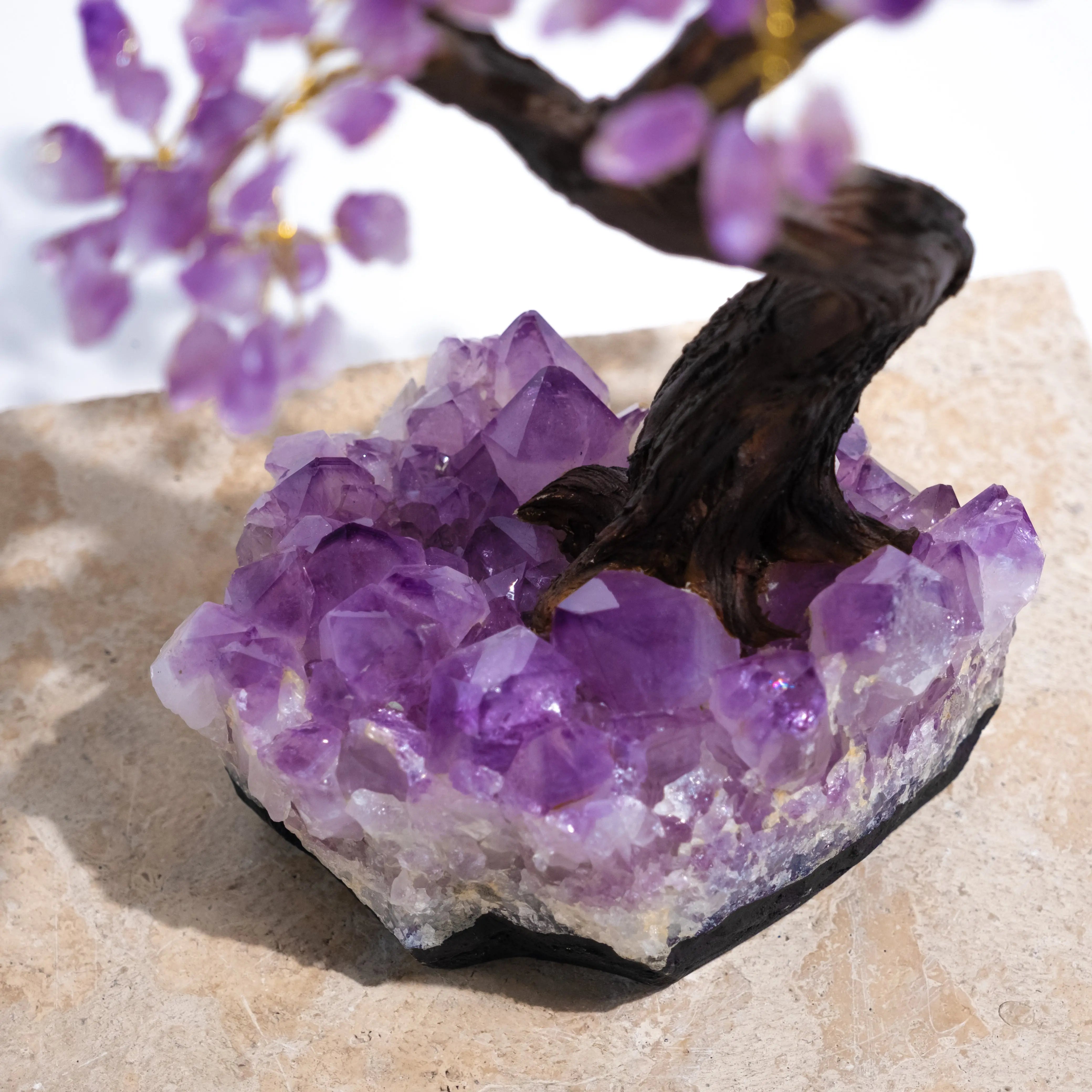 Rough Amethyst Bonsai Tree 45 cm with Genuine Gemstone Leaves for Tranquility, Calming Energy, and Spiritual Harmony