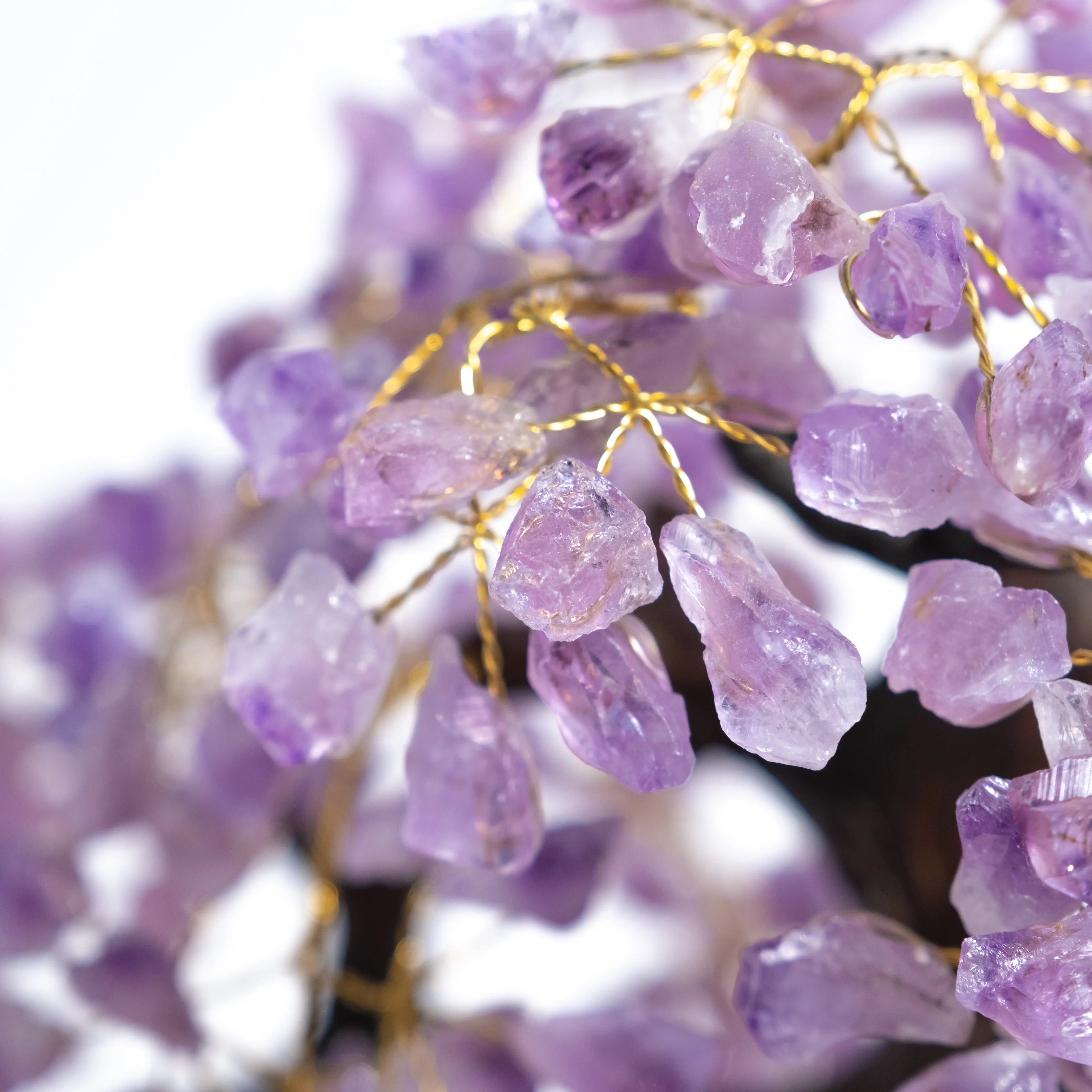 Close-up of an elegant Rough Amethyst Tree bonsai, featuring amethyst crystal leaves that promote calming energy and spiritual harmony.