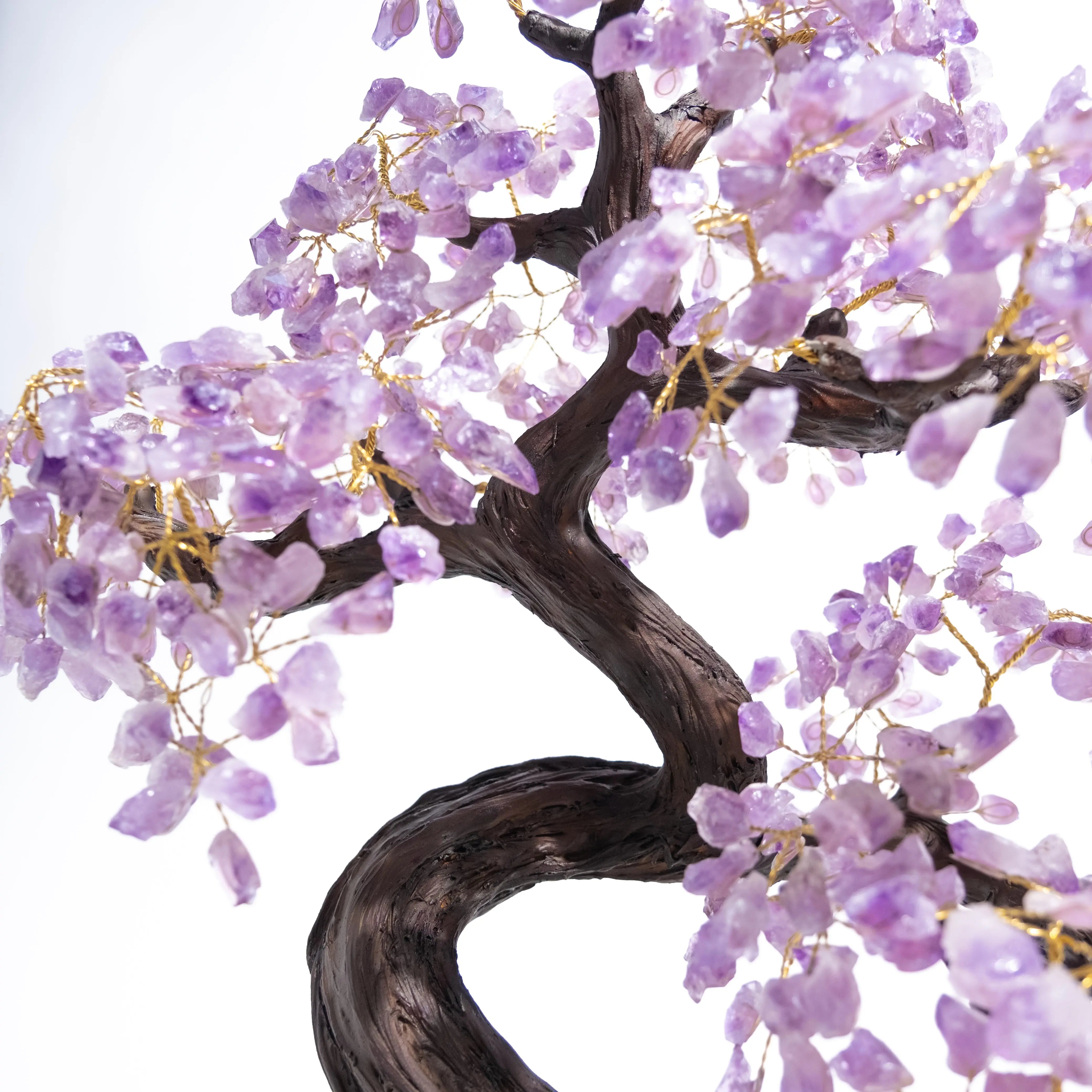 Rough Amethyst Bonsai Tree with genuine gemstone leaves, promoting calming energy and spiritual harmony, handcrafted for protection.