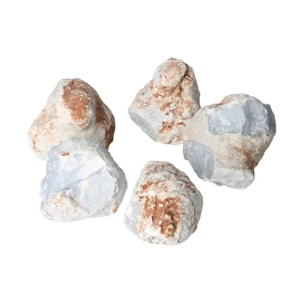 Rough Angelite S stones promoting tranquility and connection with spirit guides, available at Sylvia Crystals.